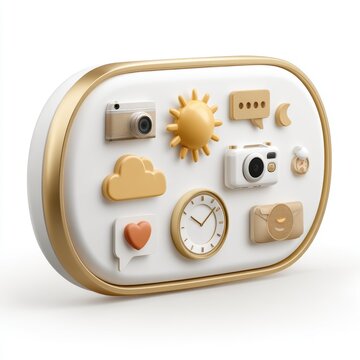 A 3D rounded rectangular device featuring gold and white icons like a sun, clock, cameras, cloud, chat bubbles, heart, and moon in a minimalist style, AI computer devices on a plain background