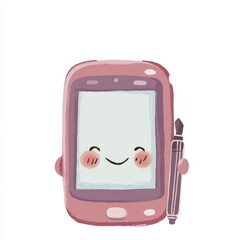 Fototapete - A cute, smiling pink tablet character holding a stylus with rosy cheeks on a white background, AI computer devices on a plain background