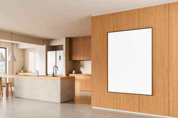 Poster - Modern kitchen interior with wooden wall featuring a large blank poster mockup frame for art or advertising presentation template display concept. 3D Rendering