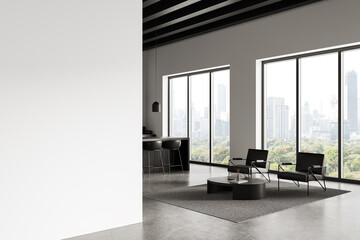 Poster - Minimalist interior with blank wall for poster mockup and modern city view through large windows in bright open space layout concept presentation. 3D Rendering
