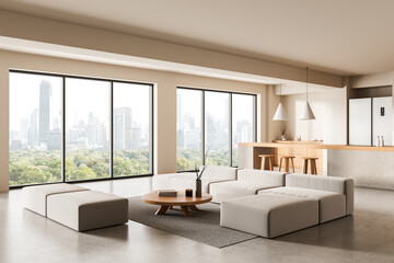 Fototapete - Modern minimalist living room and kitchen interior with panoramic city view and neutral tones in natural lighting. 3D Rendering