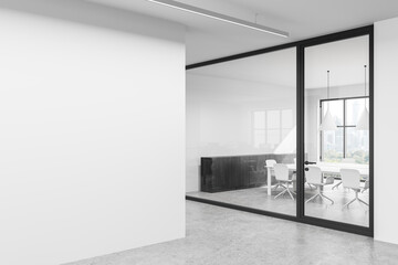 Poster - Empty white wall in modern office interior with glass meeting room for poster mockup or design presentation template concept in daylight setting. 3D Rendering