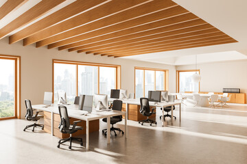 Fototapete - Modern open space office interior with wooden elements, white desks, and ergonomic chairs in a bright setting with city view windows. 3D Rendering