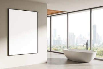 Poster - Modern bathroom interior with large blank poster on clean wall near tub and panoramic city view through glass windows. Minimalist design concept. 3D Rendering