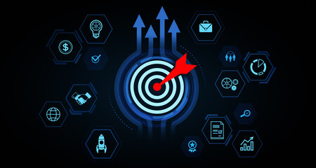 Poster - Business success target with red arrow hitting center surrounded by strategy and finance icons on dark futuristic background. 3D Rendering