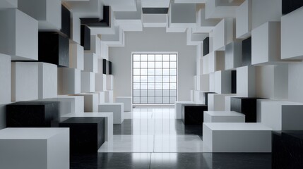 Poster - Abstract interior design created with white and black cubes and windows.