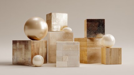 Poster - Modern, minimalist scene of various sized, light-reflective, textured cubes and spheres on a neutral backdrop