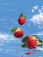Poster - Floating Pixel Strawberries on a Glitchy Blue Background With an Open Top Third, Creating a Unique and Vibrant Digital Art Piece