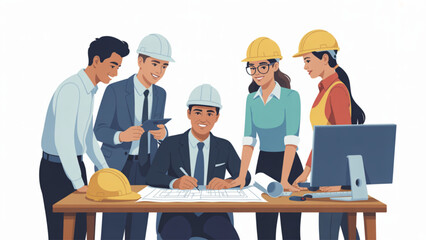 Fototapete - Team of architects and engineers collaborating on a blueprint, wearing hard hats and reviewing construction plans for a building project.