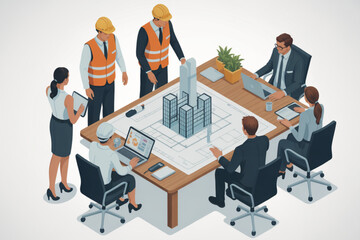 Fototapete - Architectural team is collaborating on a new construction project, reviewing blueprints and models during a strategic meeting.