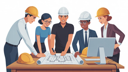 Fototapete - Team of architects and engineers collaborating on a blueprint, wearing hard hats and reviewing construction plans for a building project.