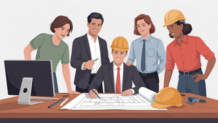 Fototapete - Architect team collaborating on building plans, showing teamwork and expertise in engineering and construction design, indicating a successful project.