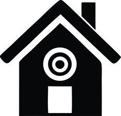 Poster - Simple black silhouette of a house with a chimney and a target symbol on its facade representing security or home