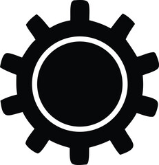 Poster - A simple black silhouette of a cogwheel with eight distinct teeth and a circular inner opening presented against a plain white background