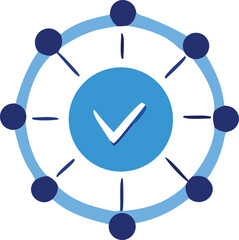 Poster - Abstract circular network diagram with a central blue checkmark signifying approval or completion of a connected system