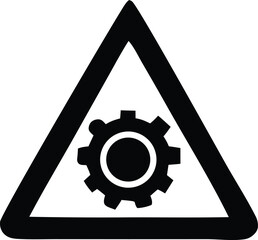 Poster - Warning sign featuring a black gear symbol within a black bordered triangle on a white background representing mechanical or industrial caution