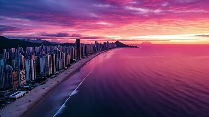 Wall Mural - Stunning sunset over Balneario Camboriu with skyline and coastline views in Santa Catarina, Brazil, Aerial of BalneÃ¡rio CamboriÃº, Santa Catarina, Brazil at sunset