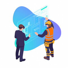 Fototapete - Two workers use virtual reality technology to review and plan a construction project, visualizing building designs and ensuring precision.