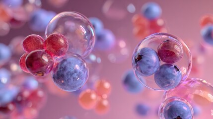 Poster - Floating Bubbles Containing Vibrant Berries Create a Surreal and Futuristic Ambiance in an Ethereal Background