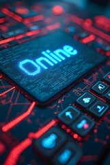 Poster - The word Online glows in pixelated blue on the screen of a futuristic control panel surrounded by illuminated icons and red-blue interface keys, vertical composition.