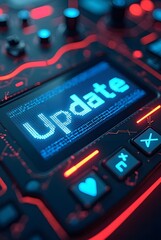 Poster - A digital interface displaying a bright blue Update notification on a dark futuristic control panel with red and blue glowing accents, vertical composition.