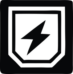 Poster - Bold black lightning bolt symbol enclosed within a stylized shield shape with thick white borders on a black background