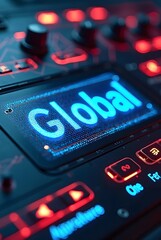 Poster - Futuristic control panel displays the word Global in vibrant blue, illuminated against a backdrop of red and dark blue glowing buttons, suggesting worldwide connectivity, vertical composition.
