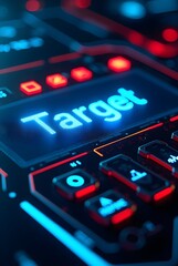 Poster - A digital interface showcasing the glowing blue word Target on a futuristic control panel with red and blue illuminated buttons, vertical composition.