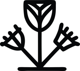Poster - Abstract black and white minimalist illustration of a stylized plant with a central bloom and two side branches featuring multiple small buds