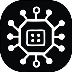 Aufkleber - Abstract geometric symbol with a central square containing four dots connected to outer circles by lines on a black background
