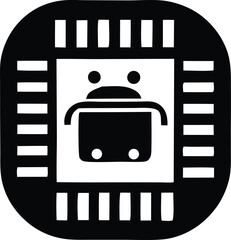 Poster - A stylized black and white icon depicting a cute simple robot face with round eyes and a curved mouth set within a square chip outline