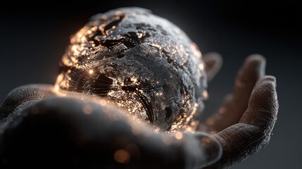 Poster - Global connectivity visualized: A glowing digital earth held in human hand