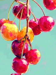 Poster - Vibrant Cherries in Playful Hues Hang Against a Bright Background, Showcasing a Candy-Colored Digital Art Style
