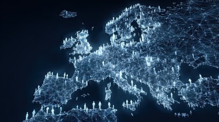 Poster - digital map of Europe showcasing network of connections with people icons, symbolizing global communication and collaboration. glowing connections create sense of unity and interaction