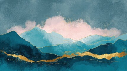 Poster - Mountain background vector. Minimal landscape art with watercolor brush and golden line art texture. Abstract art wallpaper for prints, Art Decoration, wall arts and canvas prints. , no logos, no bra
