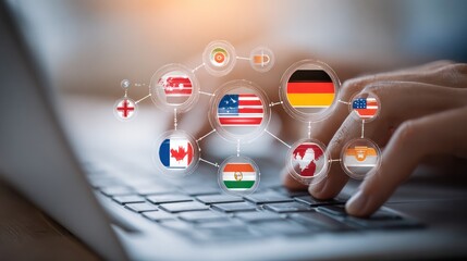 Poster - Global Connection: A person's hands working on a laptop. Connecting the world with diverse country flags, creating a visualization of worldwide relationships. 