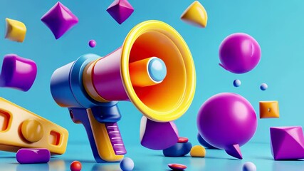 Poster - Colorful megaphone and speech bubbles share messages in vibrant design, Cartoon megaphone and message bubble Sharing information and advertising concept