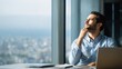 © Johannes - Indian latin successful thoughtful businessman leader thinking of future corporate successful plan ideas sitting at office desk looking at panoramic view window of building of modern corporation., no