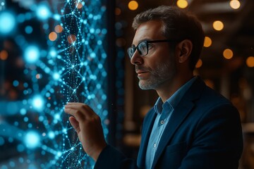 Poster - Focused Businessman Interacting with Futuristic Technology Interface Displaying Intricate Network of Data and Light, showcasing innovation and connection with modern business strategy.