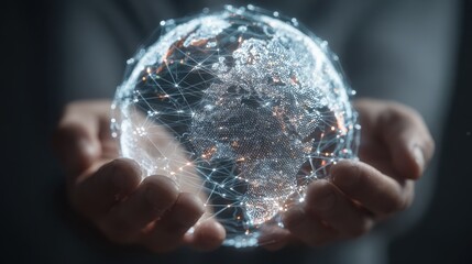 Poster - Person holds digital earth globe illuminated with connections. Represents tech, global communication, awareness, oneness. Earth in hands shows abstract network, datum, symbol, progress, resource,