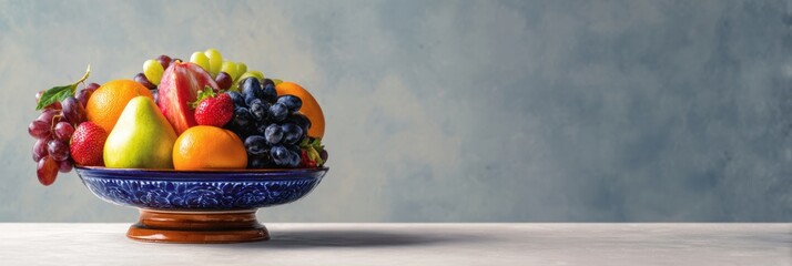 Poster - Colorful Fruit Bowl Displayed in Classic Still Life Style Against a Modern Flat Background With Clear Top Margin
