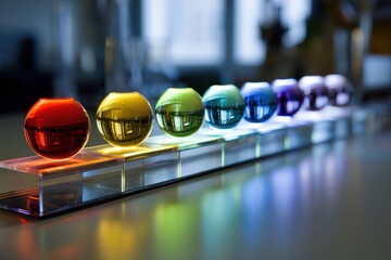 Poster - Colorful glass spheres arranged in a gradient on a display table at an art studio