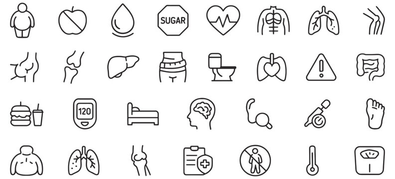 Obesity Health Risks Line Icons Pack – Medical Vector Set Featuring Unique Icons for Weight-Related Diseases, Metabolic Issues, and Lifestyle Disorders