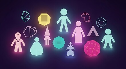 Poster - A collection of stylized human figures and geometric shapes, rendered with a neon glow against a dark background.
