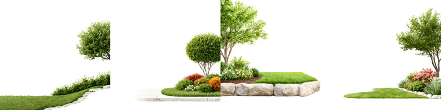 Landscaping Ideas Collection: Garden Design Elements Isolated on White Background