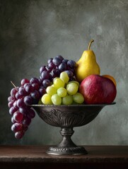 Poster - Classic Still Life With a Fruit Bowl Featuring Grapes, Apples, and Pears Set Against a Modern Flat Background