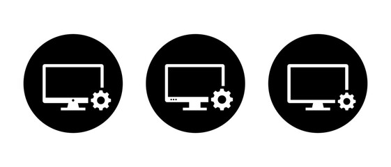 Poster - Desktop computer icon with settings gear. PC system control and technical setup illustration in black circle