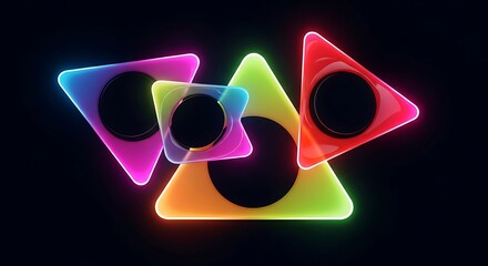 Poster - Abstract composition of glowing, translucent triangles with circular cutouts, overlapping and arranged against a dark background, creating a vibrant and modern design.