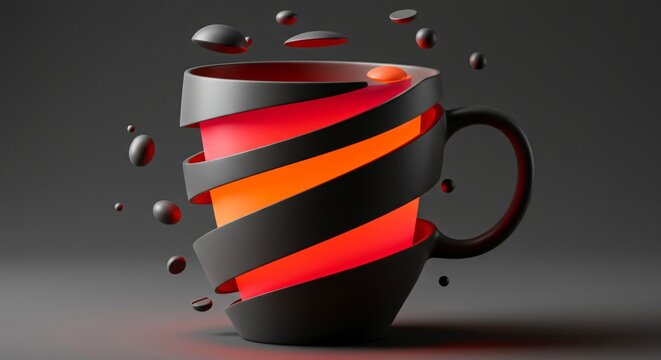 Abstract rendering showcasing a black coffee mug adorned with radiant red light and minimalist black balls around it.