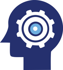 Poster - Abstract representation of a human head profile with a gear mechanism and concentric circles symbolizing thought processes and innovation